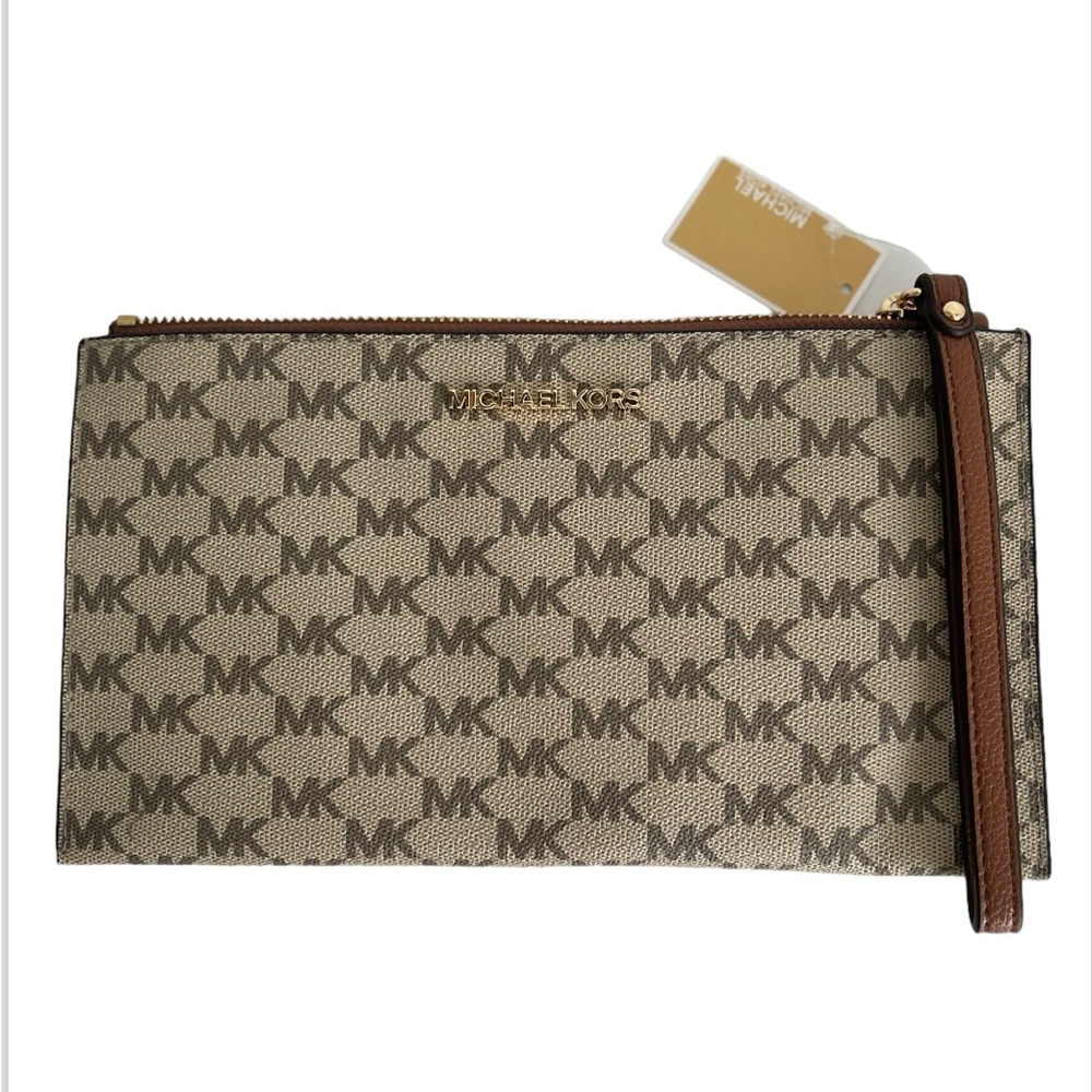 Michael Kors Jet Set Natural/Luggage Lg Zip Clutch Wristlet